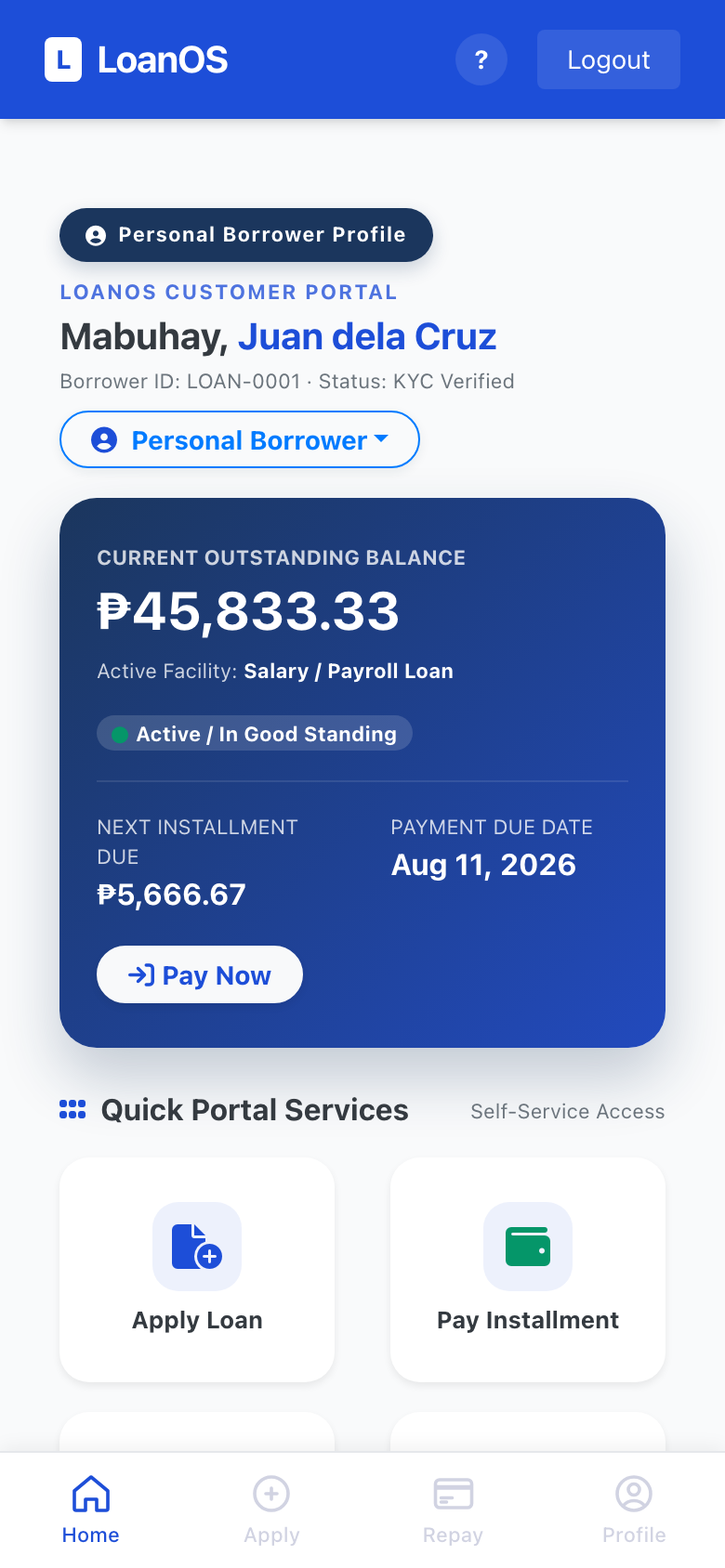LoanOS borrower mobile PWA dashboard
