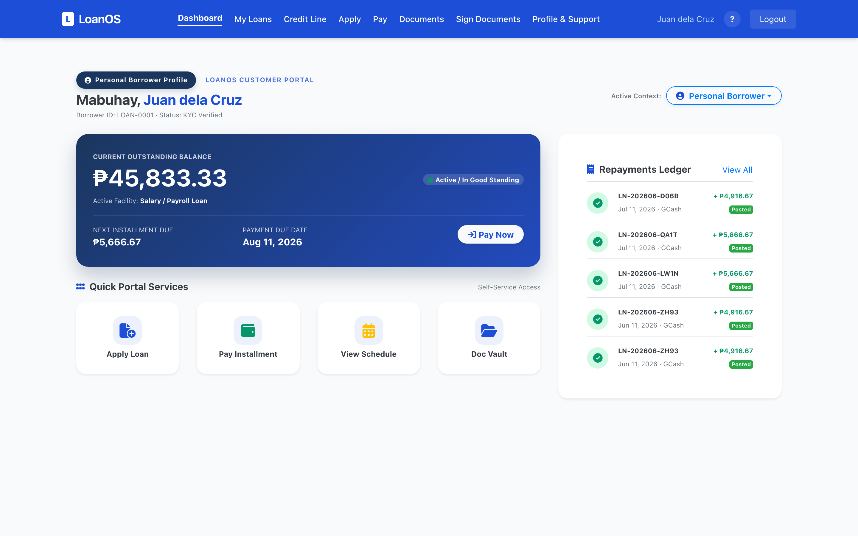 LoanOS borrower dashboard showing outstanding balance and repayment ledger